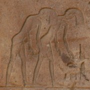 Two women shaking their hairs. Relief from the Red Chapel of Hatshepsut in Karnak. Photo: Mª Rosa Valdesogo Martín