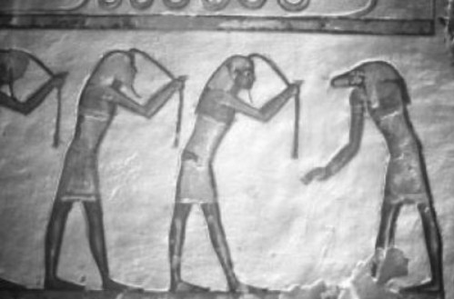Mourners of Re pulling hair. Section two of the Book of Caverns. Tomb of Ramses VI. XX Dynasty.
