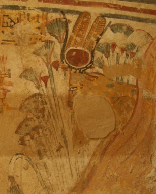 The goddess Hathor in the flank of the west mountain ready for receiving the dead. Painting from the tomb of Shuroy in Dra Abu el-Naga. XIX Dynasty. Phot: Mª Rosa Valdesogo Martín.