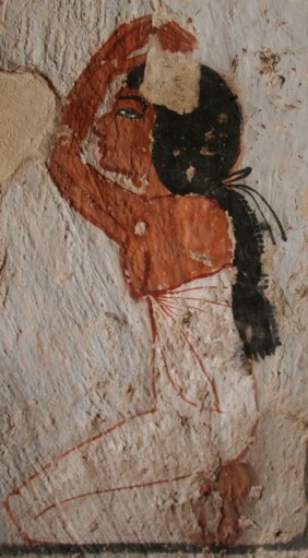 The two armas over the head is a very normal posture among mourners in Ancient Egypt. Painting from the tomb of Roy in Dra Abu el-Naga. XVIII Dynasty. Photo: Mª Rosa Valdesogo Martín.