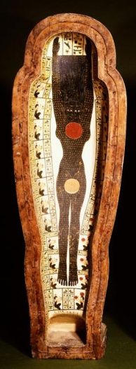 Internal side of the cover of the Coffin of Peftjauneith from Saqqara. Nut with raised arms and hair standing on end. Ptolemaic Period. Rijksmuseum of Leiden. Photo: www.rmo.nl