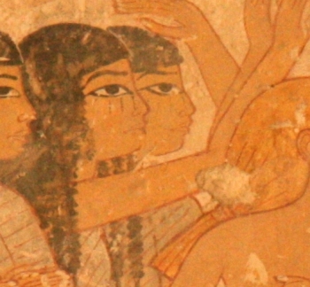 Mourners with tears falling from their eyes (water) and hair on both sides of the face (vegetation). The image could be a metaphor of the Egyptian landscape, made up by the Nile and the both shores of the river. Painting from the tomb of Ramose in Gourna. XVIII Dynasty. Photo: Mª Rosa Valdesogo Martín.