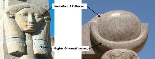 Comparison of image of Hathor from Deir el-Bahari (Photo: www.1worldtours.com) and lunar head-dress of Thot in Medinet Habu (Photo: Mª Rosa Valdesogo Martín)