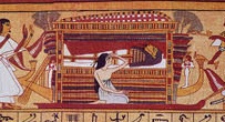 Close to the mummy the wife cries, while the two mourners in the role of Isis and Nephtys stand at both extremes. Detail from the Papyrus of Ani. XIX Dynasty. Photo: www.wikimedia.org