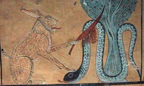 Beheading the snake as an image of the evil. The cat of Heliopolis killing the snake Apohis, enemy of Re. Painting from the tomb of Inerkha in Deir el-Medina. XIX Dynasty. Photo: www.osirisnet.net