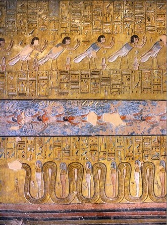 In the ninth hour of the Book of the Gates there is the "pool of the drowned". These are the waters of the Nun with bodies floating. These are the primeval waters, which revives the deceased. Scene from the tomb of Tauseret in the Valley of the Kings. XIX Dynasty. Photo: www.thebanmappingproject.com