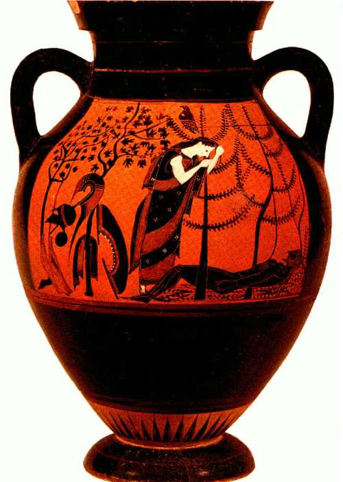 Eos mourning the death of  Memnon. Amphora in Etruscan museum in Vatican. VI BC. photo: www.facukty.gvsu.edu