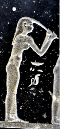 Nephtys pulling her front lock of hair. Detail from the sarcophagus of Nesshutefnut from the Ptolemaic Period. Kunsthistorisches Museum Wien.  www.khm.at