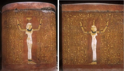 Nephtys at the head of the coffin and Isis at the feet. Coffin of Thutmes IV. XVIII Dynasty. Ancient Egypt
