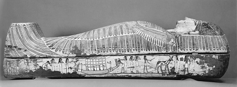 Rishi coffin. Right side with the funerary procession. On the left a common mourner shaking hair forwards. XVII-XVIII Dynasty. Thebes. Funerary ceremony in Ancient Egypt.