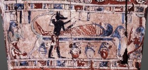 Restoring rites. Anubis emblaming the corpse and Isis and Nephtys at both ends making the mourning rite. Ancient Egypt 