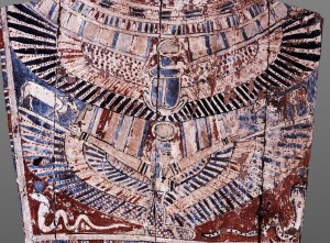 The winged goddess Maat, and the scarab with the solar disk. Ancient Egypt.