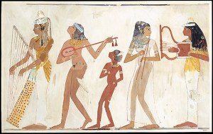 Music scene from the tomb of Djeserkaraseneb. XVIII Dynasty. Tempera of Charles. K. Wilkinson. Ancient Egypt.