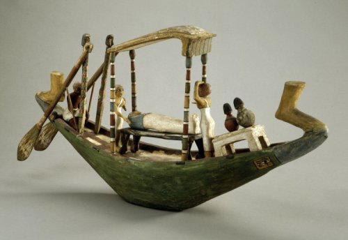 wood model of a boat with mummy and mourners. British Museum EA9524. XII Dynasty. Ancient Egypt