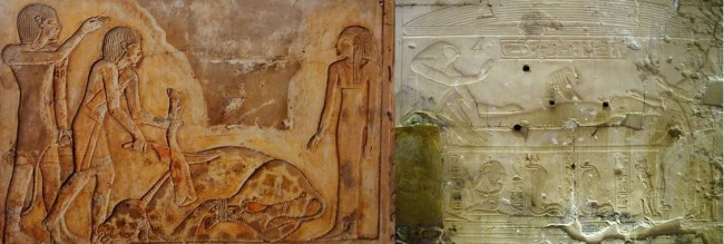 The mourner (left) and Isis the kite (right) in the decorative program of Sethos I. Ancient Egypt