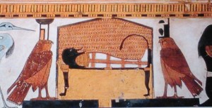 Isis and Nephthys flanking the corpse. Tomb of Nefertari. Ancient Egypt